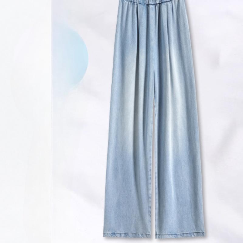 

Эластичный пояс Теннисные джинсы Широкие штанины для женщин Летние тонкие с высокой талией в пол Прямые свободные брюки Ice Silk Широкие штанины для женщин XXL