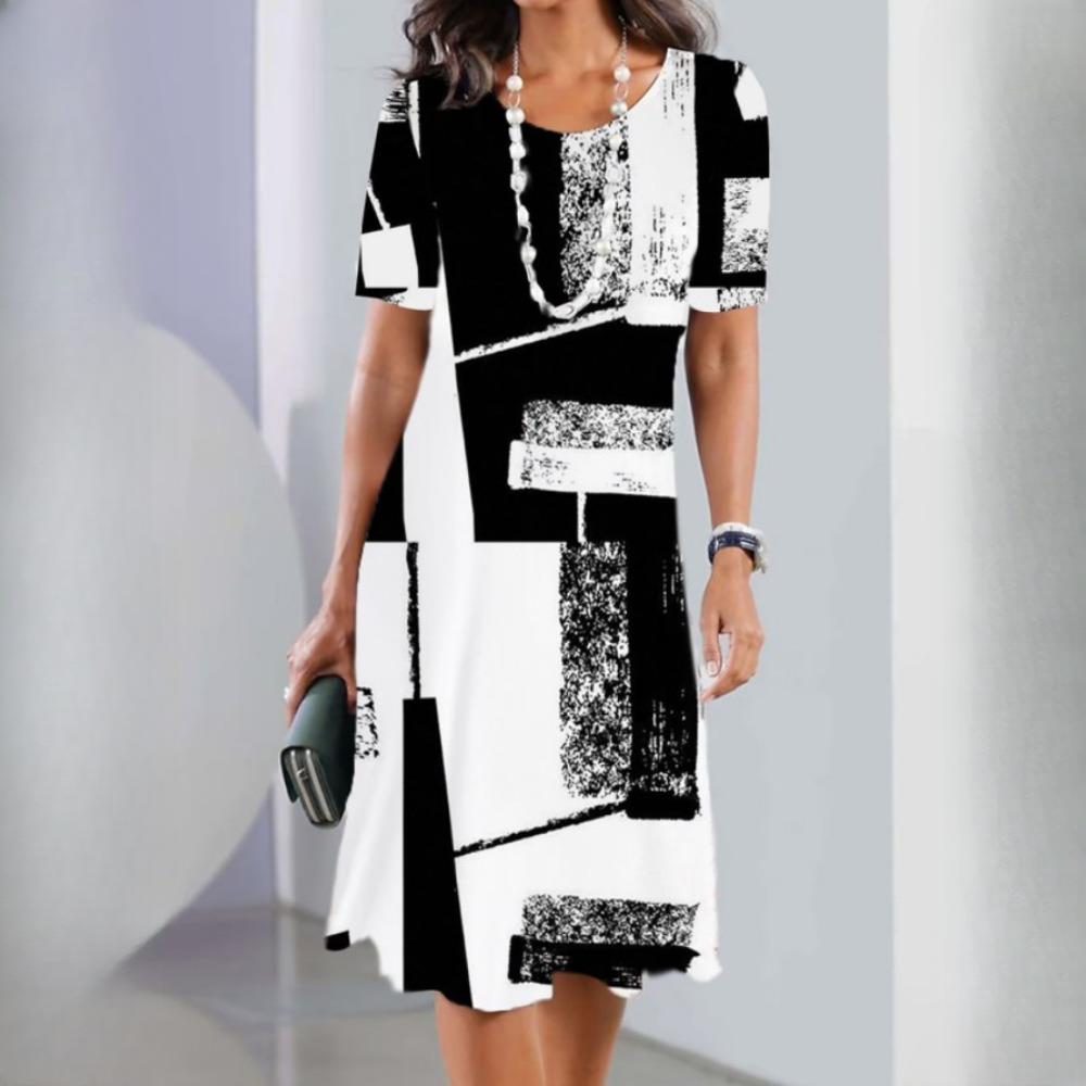IHUASU Floral Print Fashion Casual Loose Women's Big Size O-Neck Dresses