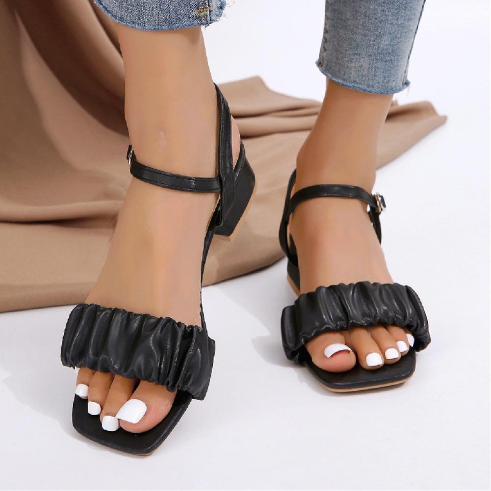 Fashion 2025 New Wrinkled Coarse Heel Open Toe Large Sandals for Women's Head Style European and American Middle Heel Sandals for Women