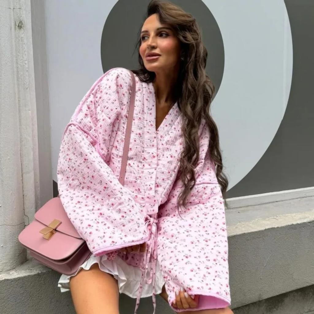 VAYLA Floral Printed Women's Cardigan Cute Lace up Pink Women Coat Casual Loose Autumn Warm Coats Fashion New Ladies Coats Outerwear