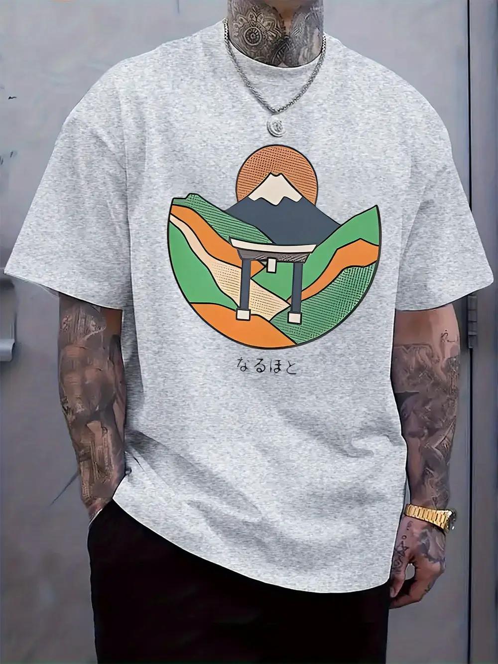 

Casual Graphic T-shirt with Japanese Fuji Mountain & Birdhouse Print – Light Gray Crew Neck Short Sleeve Tee for Summer Vacation XXXL