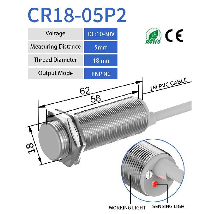 GTRIC M18 Capacitive Proximity Sensor 10-30V DC 3 Wires NPN PNP NO NC Flush Non-Flush Non-Metal Sensing Switch With 2m Cable