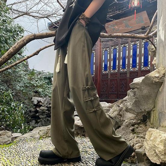 Men Pants Chinese Style Tassel Knot Decor Straight Wide Leg Loose Drawstring Elastic Waist Solid Color Pockets