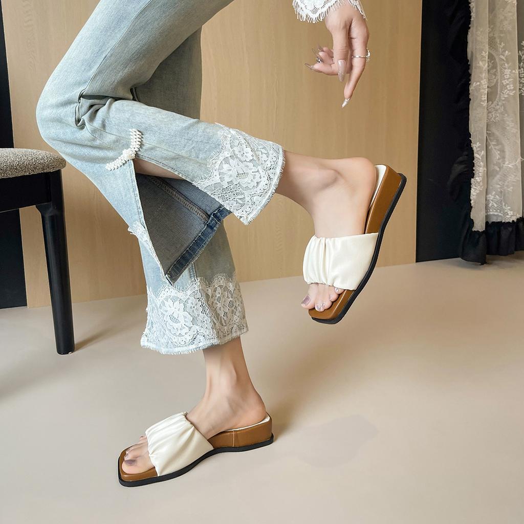 - Square Head Pleated Open-toed Slippers, Women's Summer Wear New Thick-soled Cool Slippers