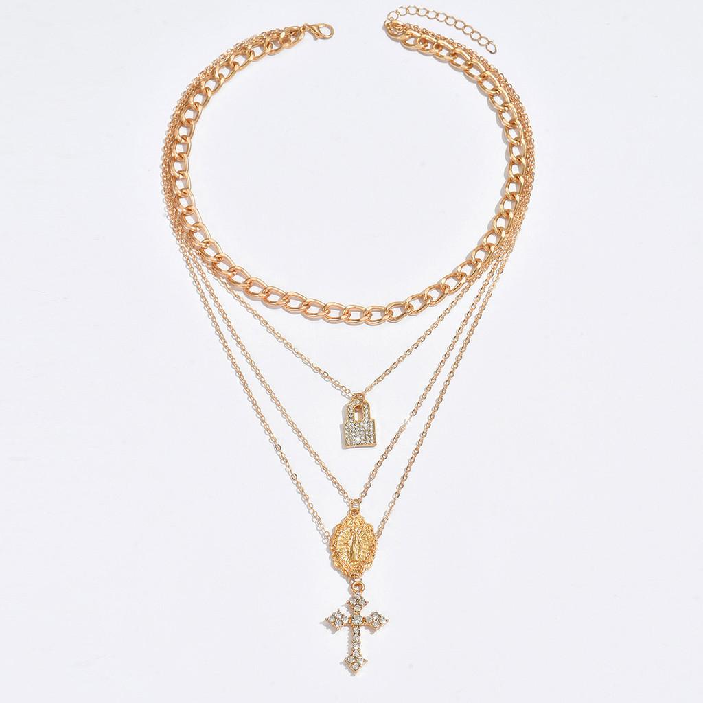 Geometric Cross Necklace For Women With Alloy Pendant And Multilayer Design For Fashion Statement