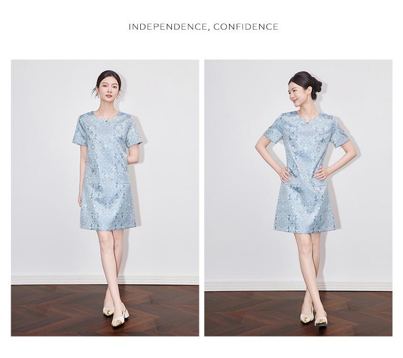 Chinese Gold Silk Jacquard A-Line Dress: Elegant Short Sleeve, Slimming, High Quality Women's Summer Style