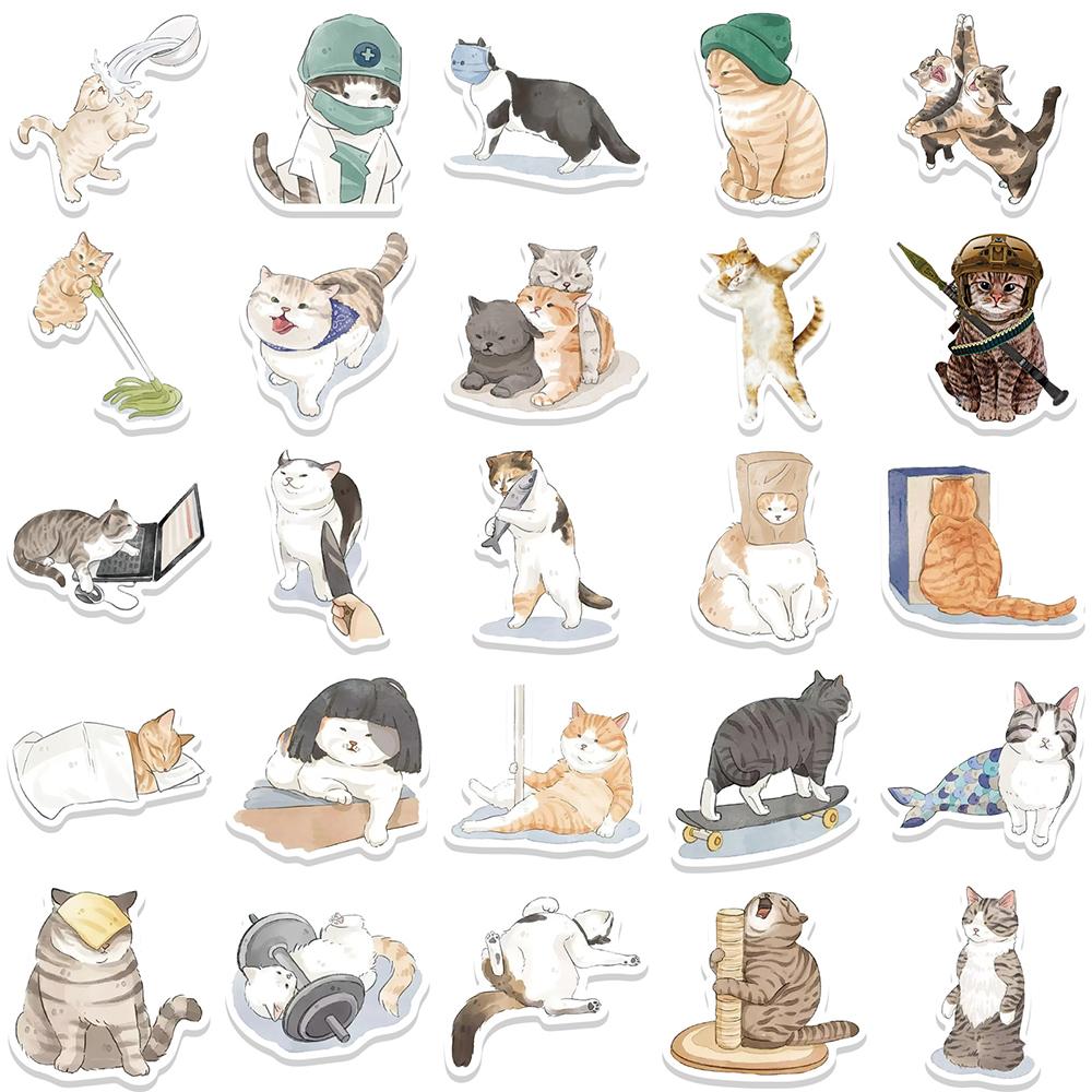 10/30/53pcs Kawaii Cartoon Cat Meme Stickers Cute Watercolor Kitten Graffiti Decals Water Bottle Luggage Phone Sticker