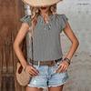 Chic Women's Striped V Neck Ruffle Blouse Short Sleeve Summer Tops