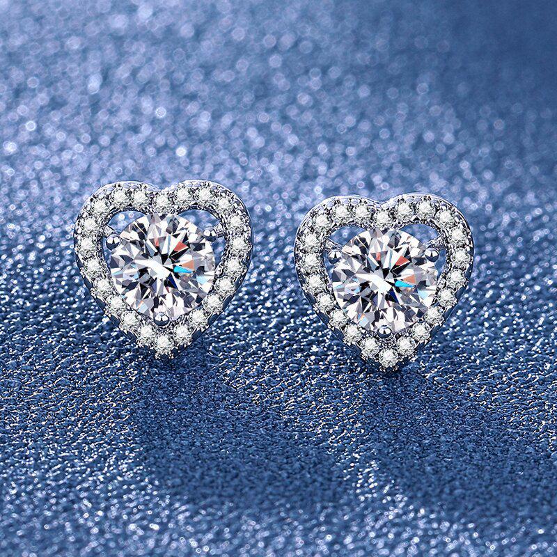 Simulated Diamond Heart Earrings for Women in S925 Sterling Silver with Zirconia Six-Prong Setting