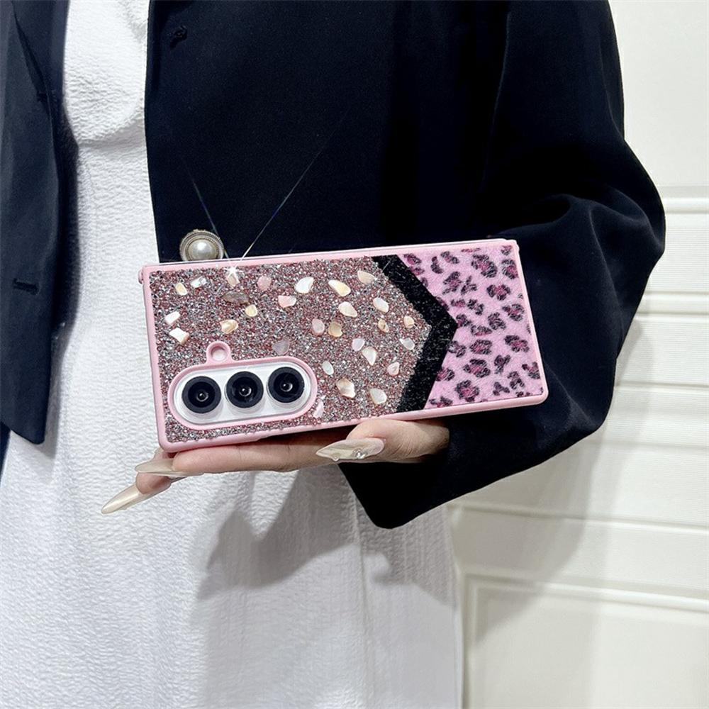 For Samsung Galaxy Z Fold7 5G Case Stone Decor Glitter Leopard Splicing Plush PC Phone Cover