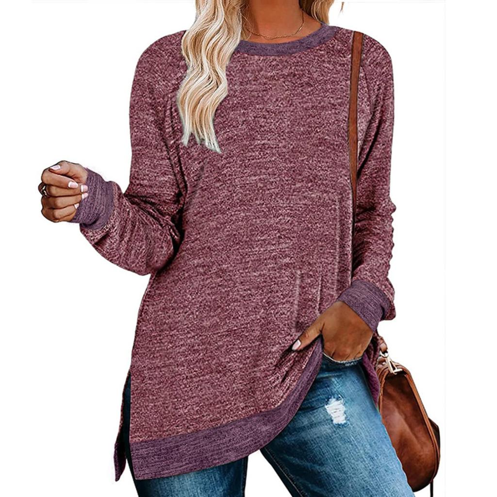 European American Women's Color Block Split Long Sleeve Crew Neck Loose Casual Pullover T-shirt Top