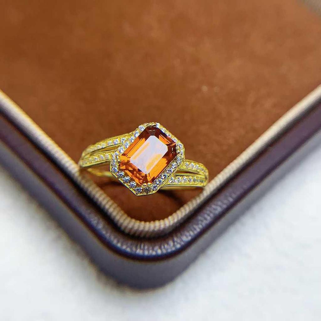 Gemstone Jewelry: 925 Sterling Silver Natural Fanta Stone Rectangular Ring (6x8mm) - Women's Adjustable Open Design