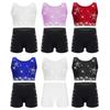 Dívčí gymnasticko-taneční set: Crop top tílko s kamínky, křížením na zádech a véčkem vpředu, s šortkami s elastickým pasem
