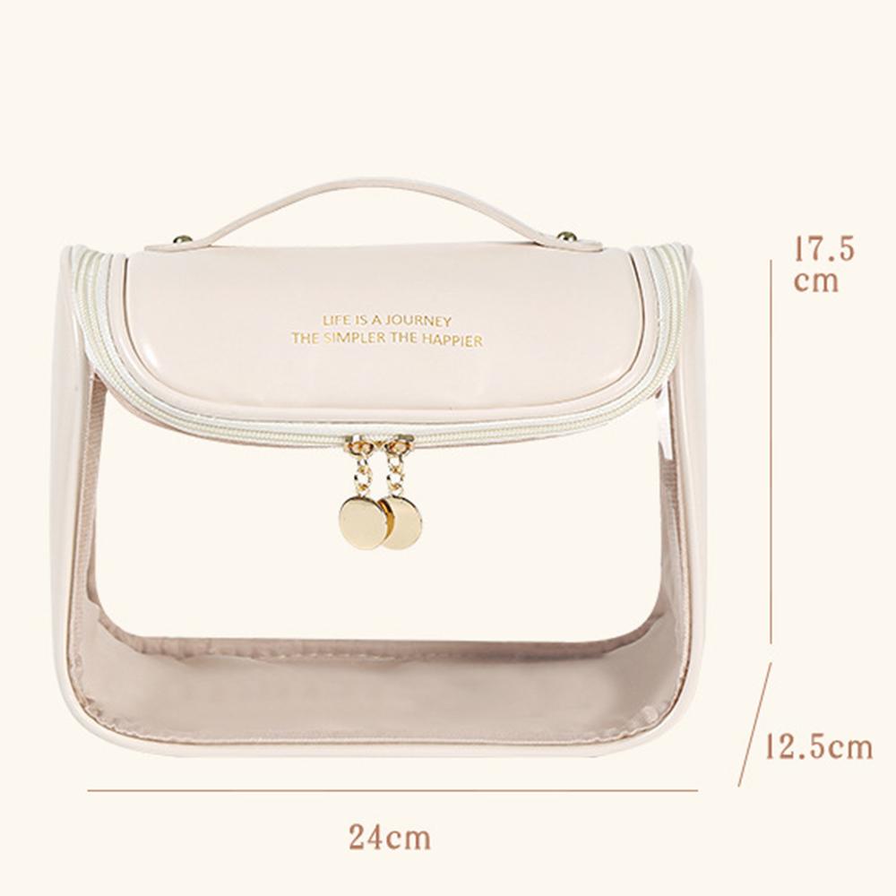 HK8297 Waterproof Clear Design Makeup Bag Large Capacity Cosmetic Bag PU Leather+PVC Travel Toiletry Organizer with Portable Handle Strap