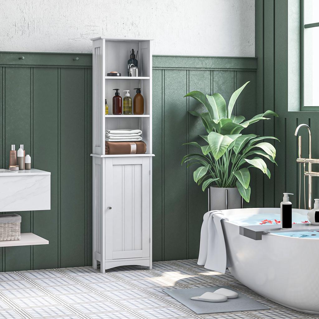 Bathroom Column with 3 Compartments, Door and Adjustable Shelves, for Shower Toilet 34x23x165 Cm White