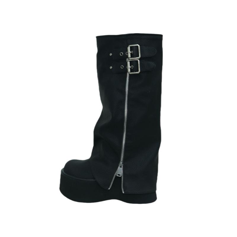 Cowhide high boots thick-soled boots women's knee-length boots small trouser boots women's muffin-bottom knight boots