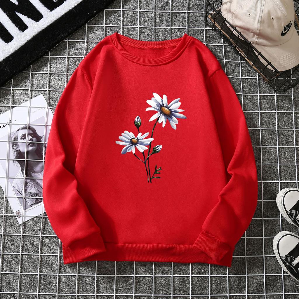Women's Autumn Flower Print Round Neck Hoodie Ladies Oversized Casual Long Sleeved Pullover Tops