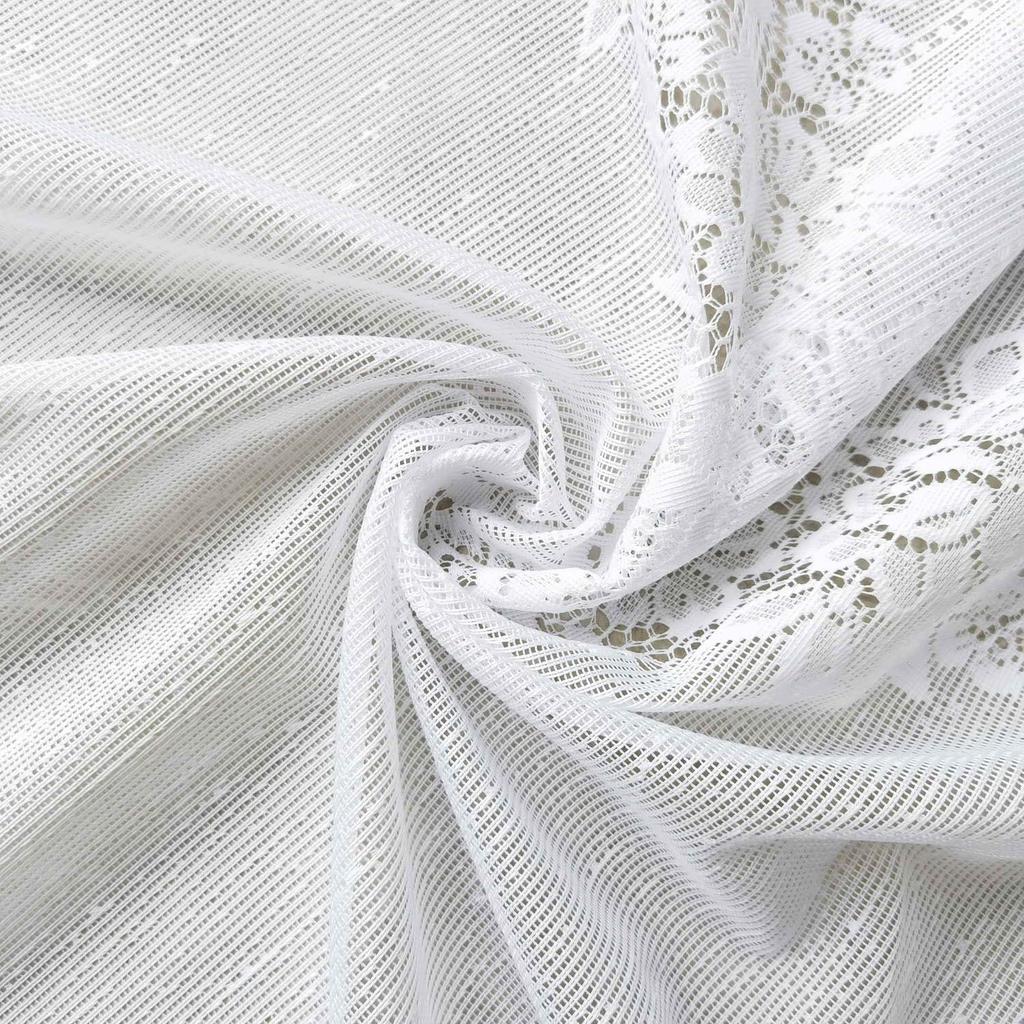Cute white lace cafe curtains, 60cm long, for small windows. Stylish embroidered floral pattern. Perfect for privacy and short curtains for coffee