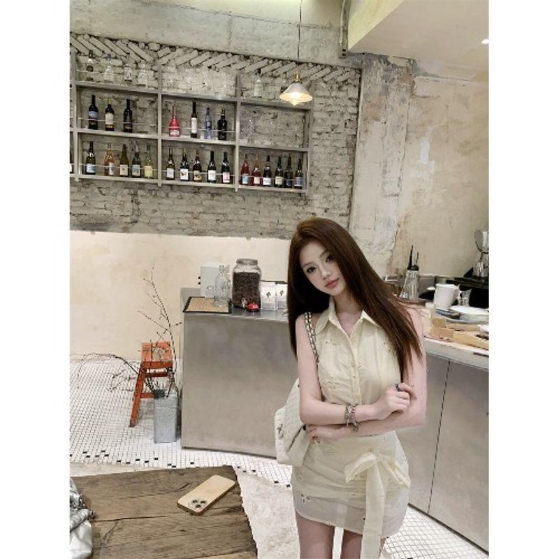 

Kumikumi Повседневный комплект Безрукавная футболка-поло Приталенный жилет Женский Летний С высокой талией Утягивающая юбка Комплект из двух предметов Apricot Tops + skirt L