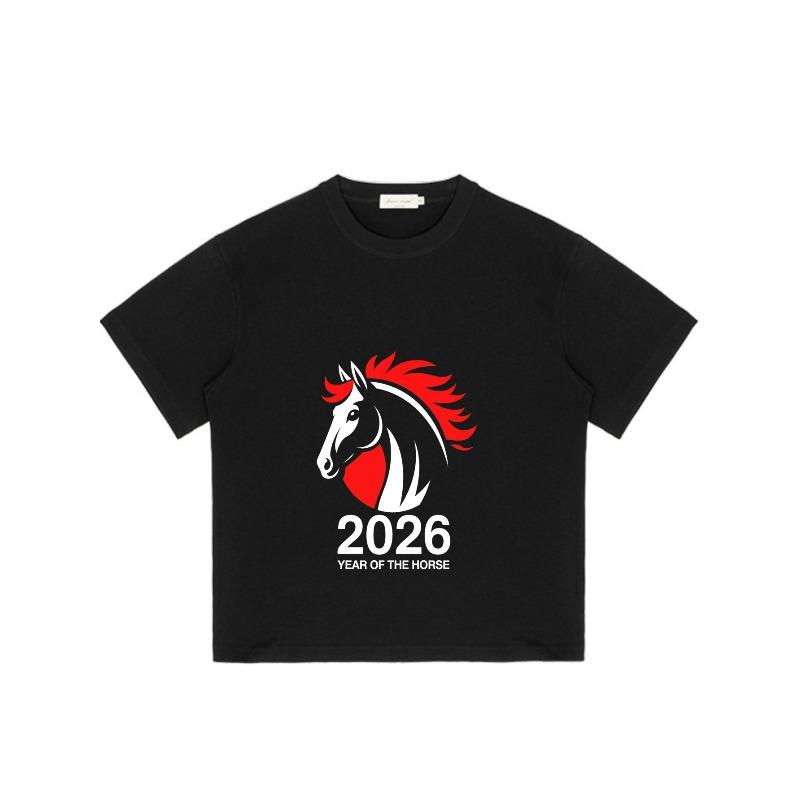 Black T Shirt With Horse Head And 2026 Year Of The Horse Print For Casual Wear