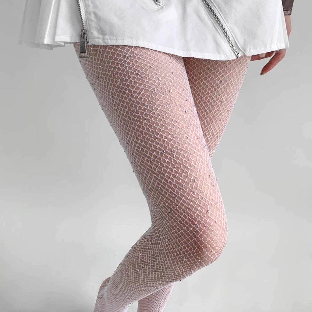 Ultra-Thin Black & White Rhinestone Net Stockings for Women - Sexy, Trendy JK Style Pantyhose for Spring & Summer