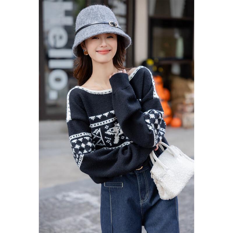 

ITISF4 Women s Fair Isle Snowflake Off-Shoulder Sweater One Size