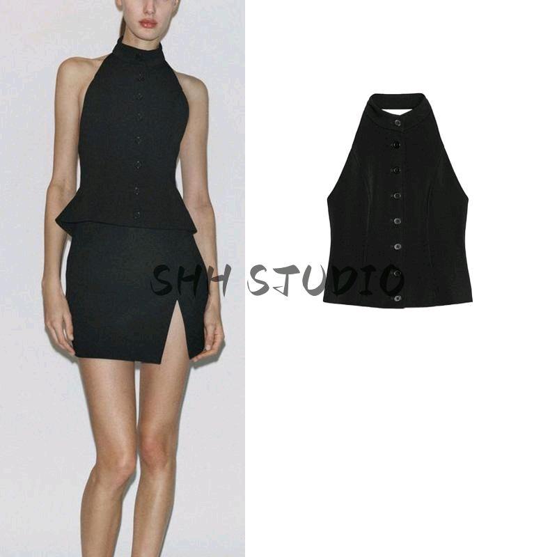 Spring New Women's Clothing Pure Desire Style Circular Lower Hem Decorated Row Button off-the-Shoulder Hanging Collar Vest 5070008