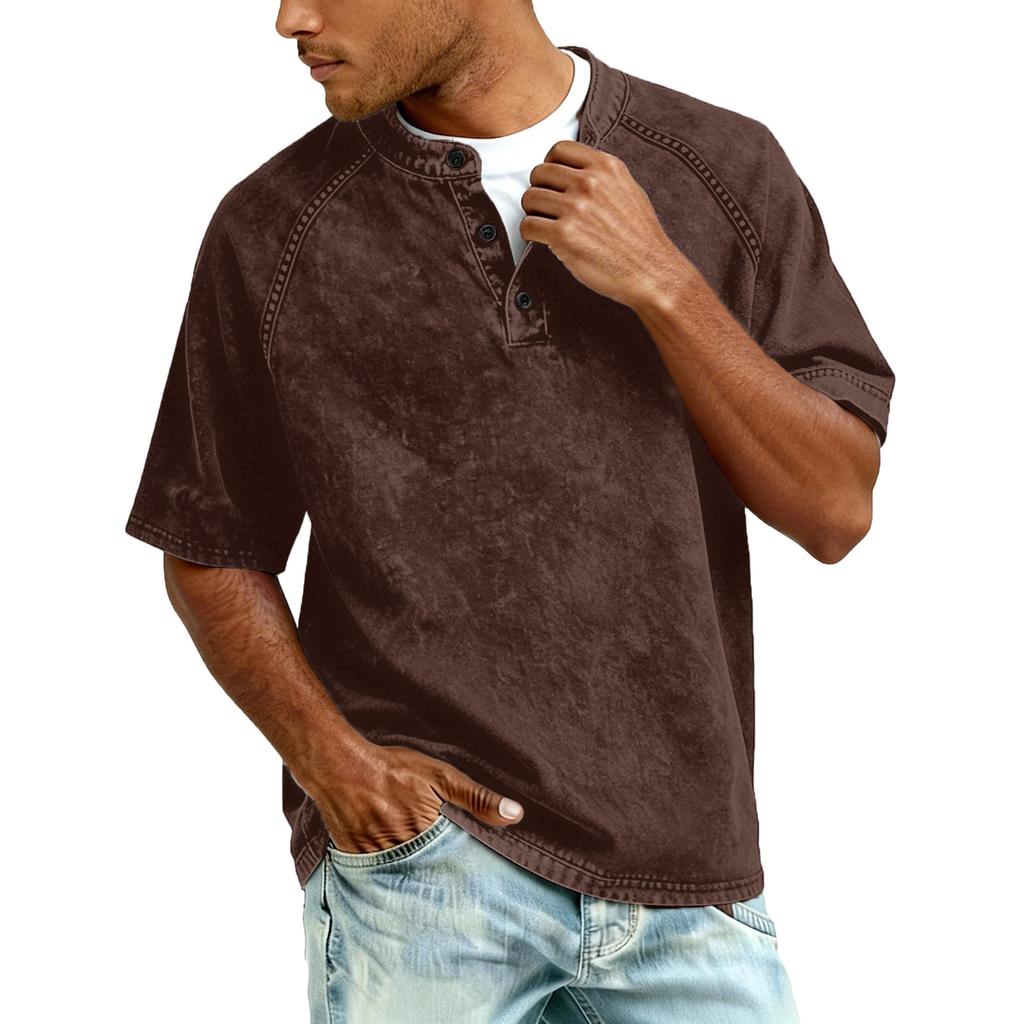 Men Henley T Shirt Short Sleeve Raglan Button Down Casual Loose Fit Crewneck Vintage Top Tee