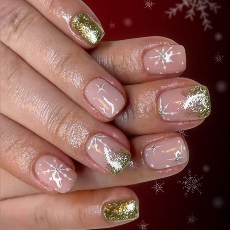 Reusable French Tip False With Sparkling Snowflakes No Required Holiday Manicure ABS Art For Women And Ideas