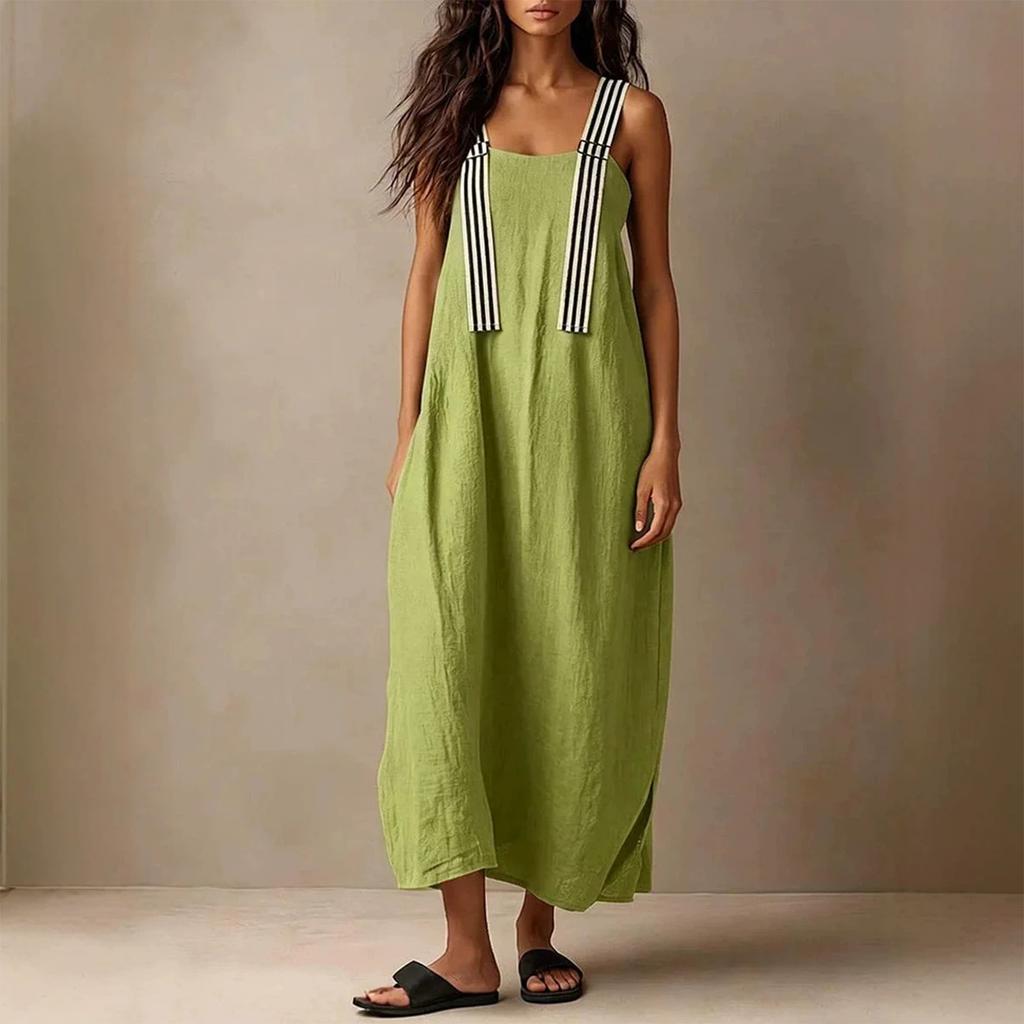 Women Sleeveless Loose Fit Casual Long Dress with Adjustable Striped Straps Lightweight Summer Maxi Dress for Daily Wear