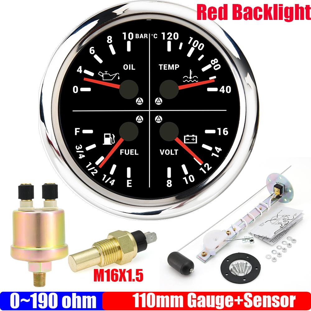 ZMFJH 110mm Gauge with Sensor Warning Red LED 4IN1 Multi-Meter Red LED Oil Pressure Gauge+Water Temp+Fuel Level Gauge+Volt 12V