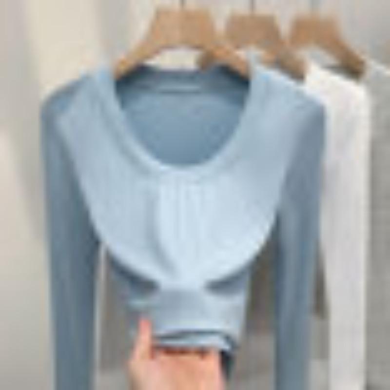 

Женская осенне-зимняя базовая рубашка с резьбой, женская одежда, новая тонкая рубашка с длинным рукавом и воротником, однотонный топ с внутренней талией 2XL светло-синий