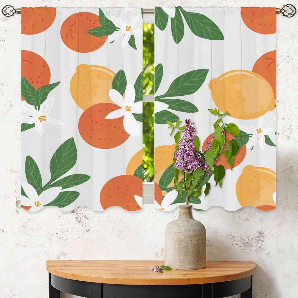 Oranges and Lemons Kitchen Curtains Tropical Fruit Slice Floral Leaves Fresh Short Tier Curtains for Bathroom Cafe Small Window