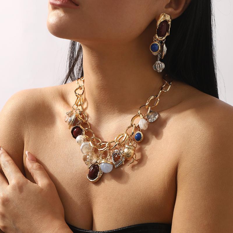 Retro Luxuriou Necklace Earrings Set Bohemian Resin Gemstone Beaded Jewelry For Women Party Gift