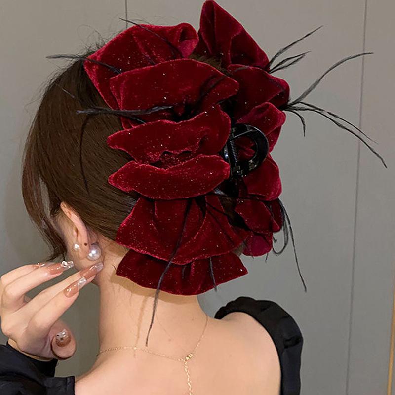 Korean Ribbon Feather Bow Hair Claws For Women Girls Hair Clip Simple Elegant Barrette Black Grab Clip  Hair Accessories
