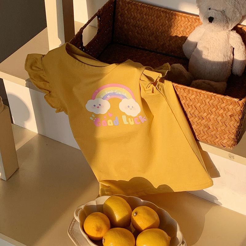 Summer New Kids Ruffle Sleeve Short Sleeve T Shirt Boys Girls Cartoon Print Casual Top Baby Fashionable Trendy