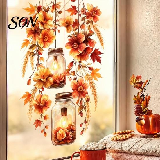 Thanksgiving Glass Decals Fall Static Window Clings, Autumn Pumpkin Maple Leaf Floral Reusable Stickers Decals, Removable Harvest Season for Home Shop