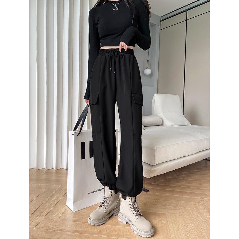 

Black casual overalls women s spring and autumn retro small high-waisted loose straight wide-leg pants trendy S