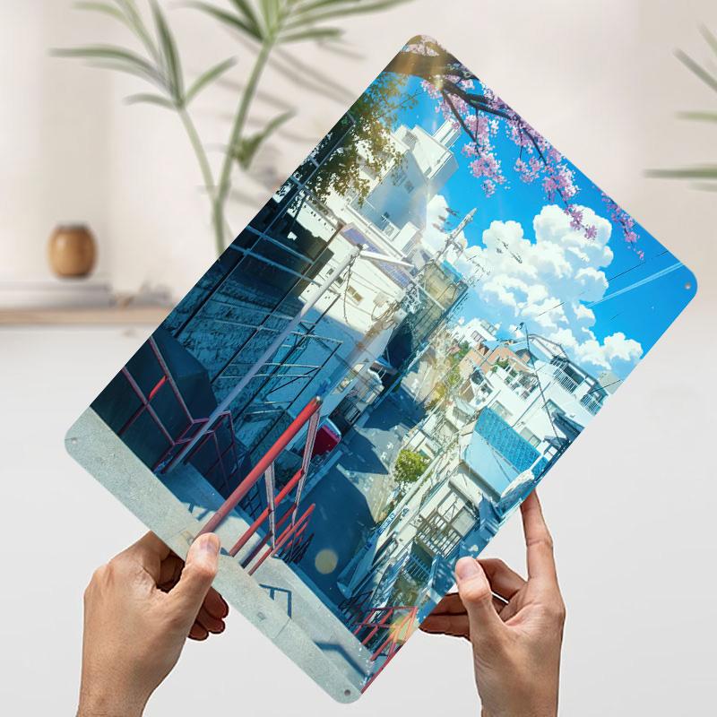 Japanese Street Scene With Stairs Metal Poster Customized Wall Art Retro Vintage Tinplate Signs for Garage Decoration Room Decor