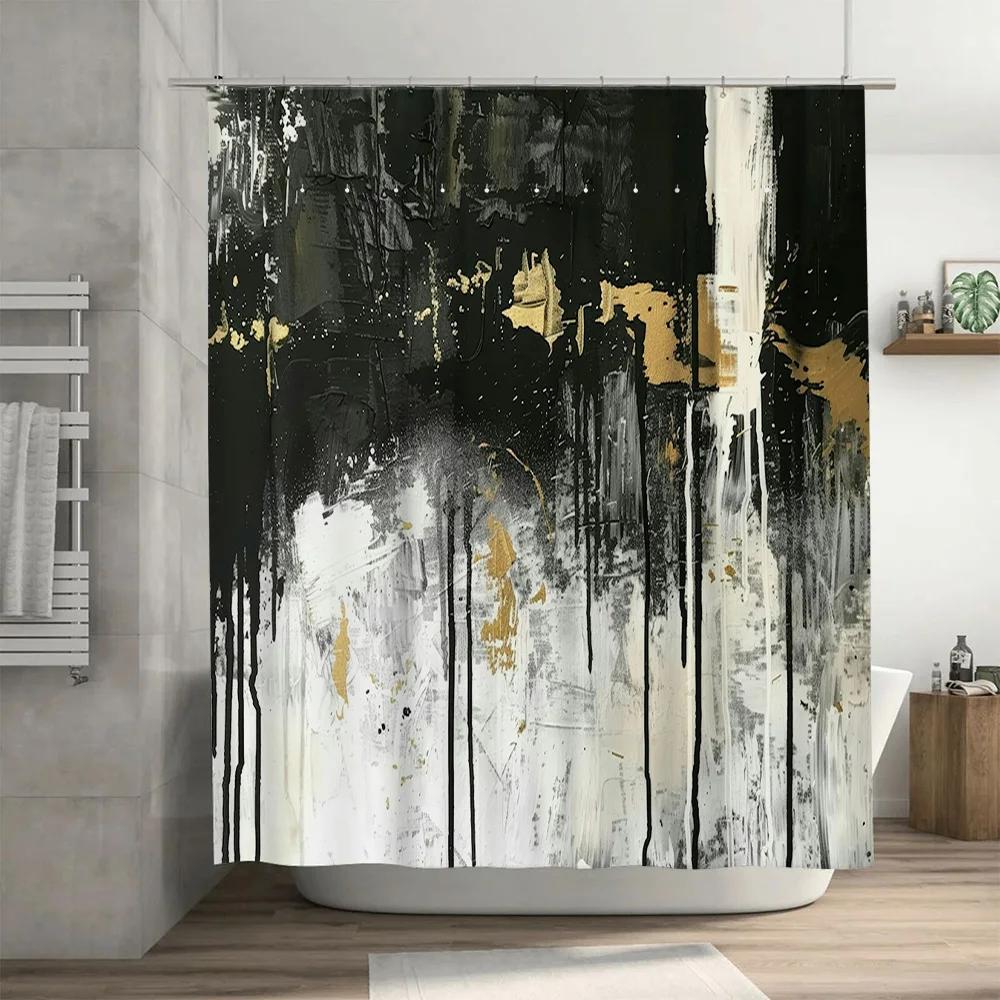 Luxury Black Gold Abstract Bathroom Shower Curtain Waterproof Home Decor for Bathtub White