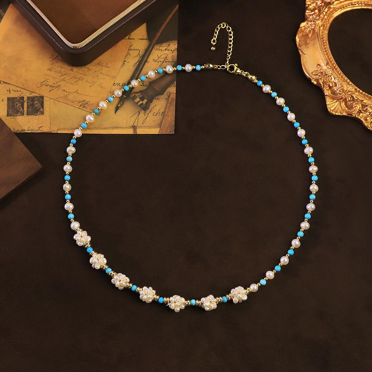 Natural Freshwater Pearl Cluster Turquoise Beaded Necklace for Women Daily Wear Party Wedding Pearl Necklace Bohemian Jewelry