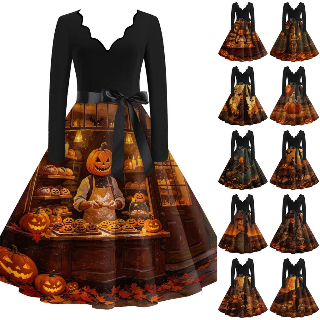 Women's Vintage V-Neck Long Sleeve Casual Halloween Print Dress