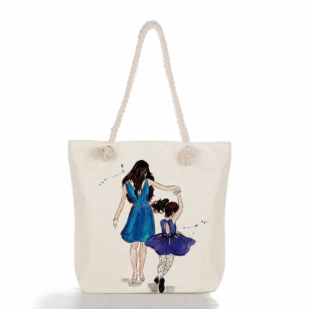 Multifunctional Mom Series Printed Thick Rope Shoulder Beach Bag Casual Large Capacity Handbag 7617