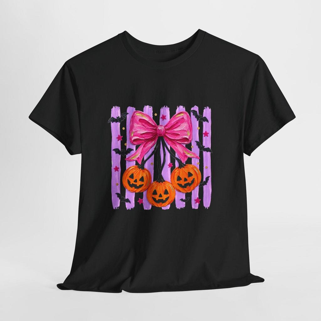 Pink Bow with Jack-o'-Lanterns Tee | Halloween Pumpkin Bow T-Shirt