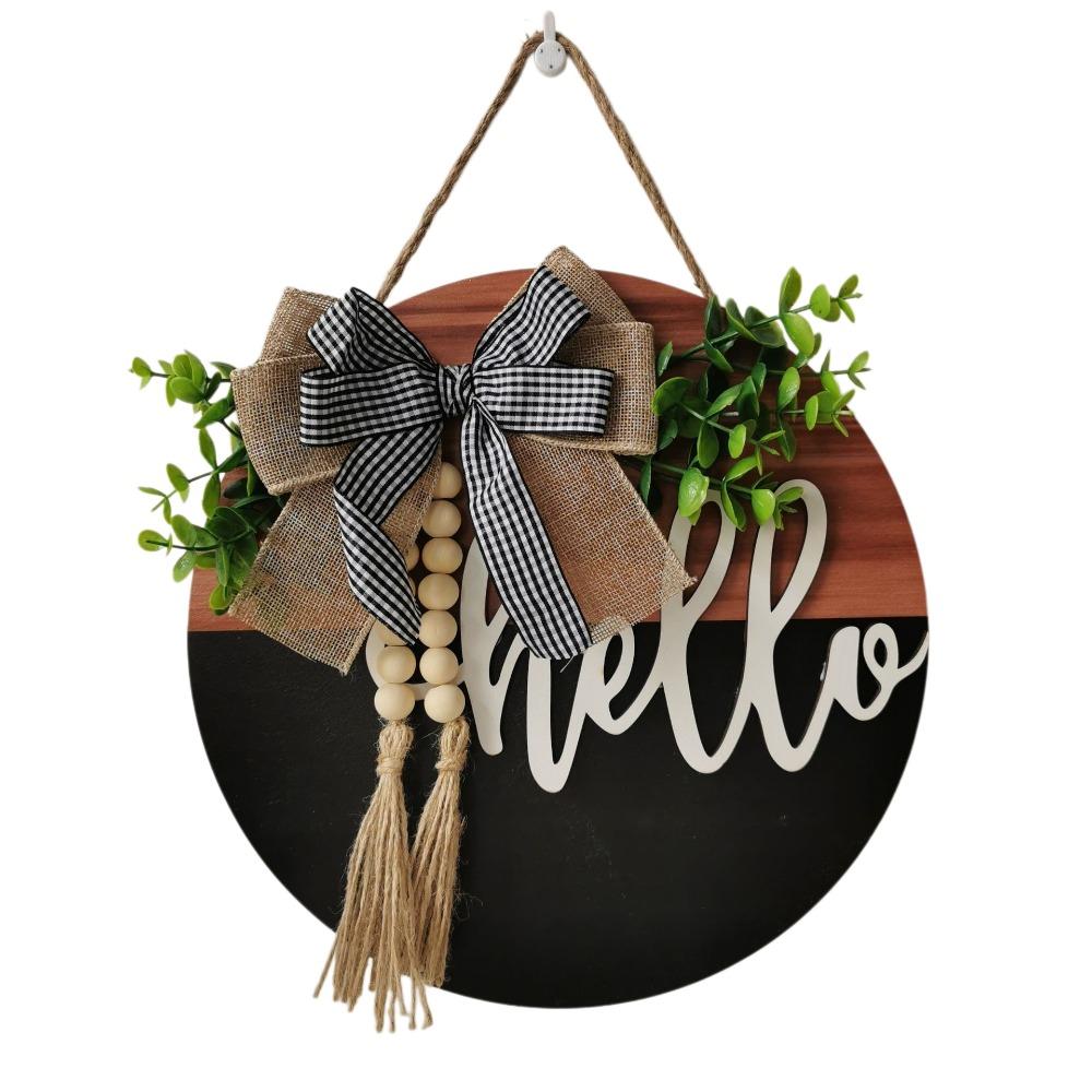 Bowknot Wooden Welcome Sign Artificial Flower Plant Wall Art Door Wreath  Wall Decor