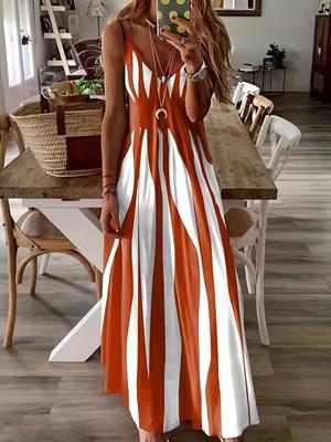 2025 V-Neck Color Block Striped Long Dress - Women's Slimming Spring/Summer Fashion
