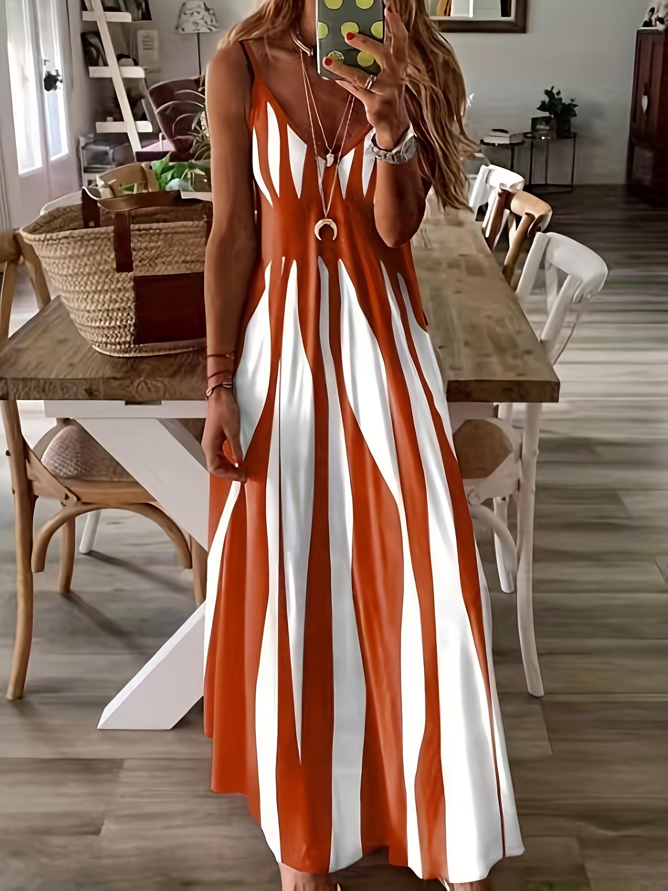 2026 V-Neck Color Block Striped Long Dress - Women s Slimming Spring/Summer Fashion S оранжево-красный