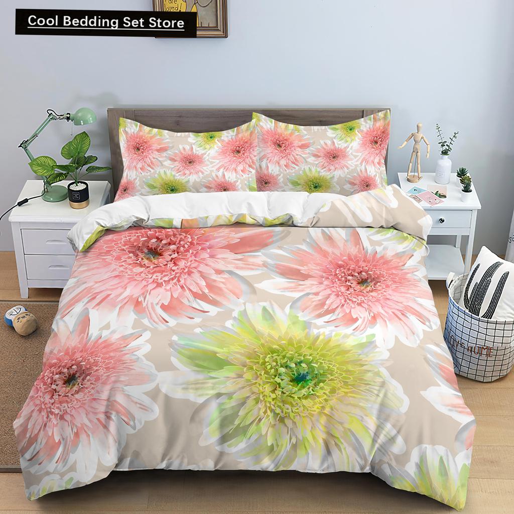 Floral King Queen Duvet Cover Fuchsia White Flower Bedding Set for Girl Women Colorful Plant Leaves 2/3pcs Polyester Quilt Cover