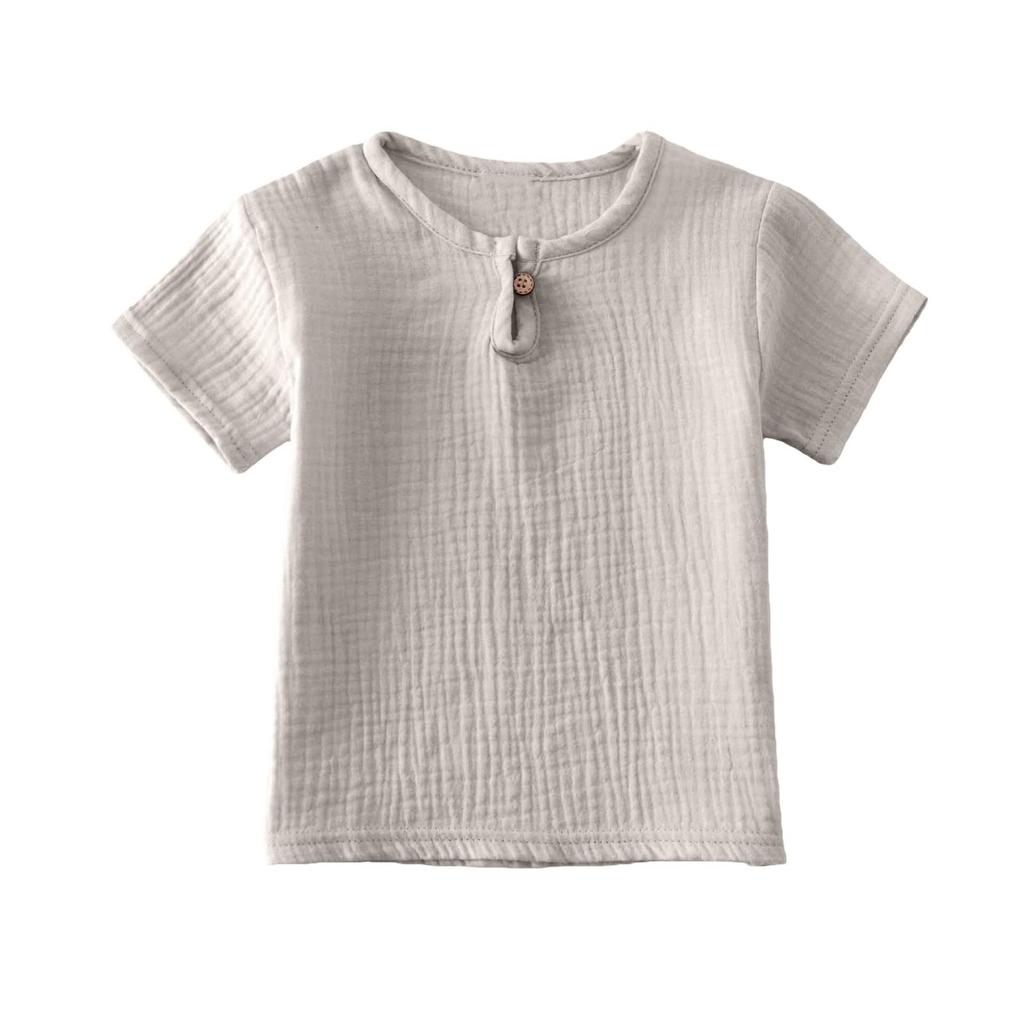 Hauts Athlétiques Classiques Rayés Manches Courtes Boutonnés en Coton et Lin pour Enfants