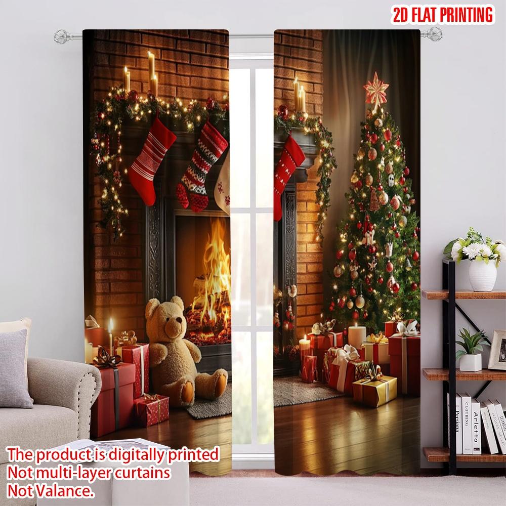 

Set Of 2 Flat Printing Merry Christmas Window Curtains Fireplace Decorative Trees Gifts Polyester Without Electricity Spring Curtain W100*H70(CM)-Rod Pocket&1PCS